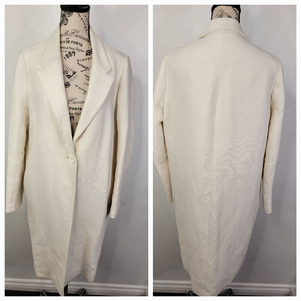 Maje Gita Long Coat Size FR 38 Single Button Notched Lapel Cotton Linen ECRU